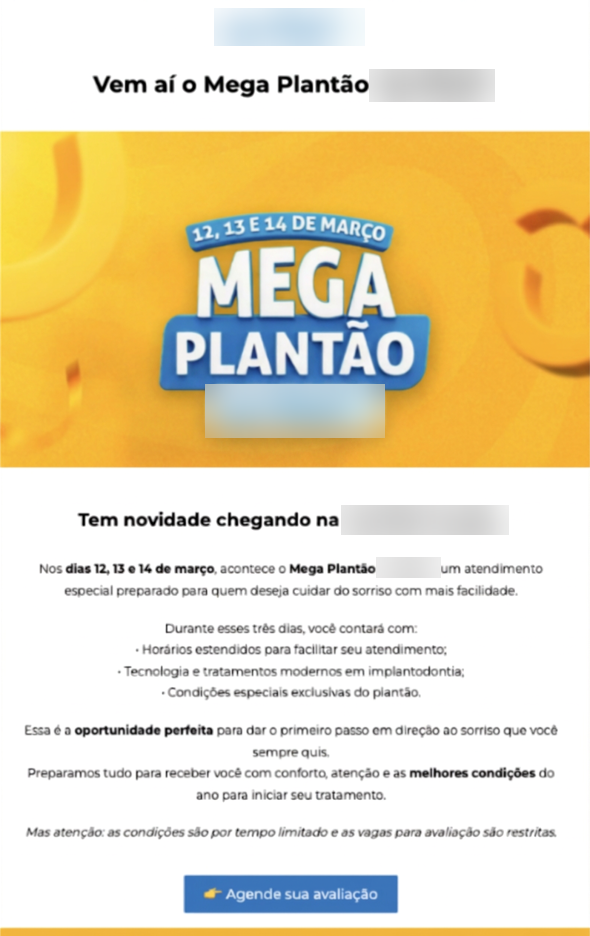 E-mail de convite ao Mega Plantão com nome da empresa e unidade borrados